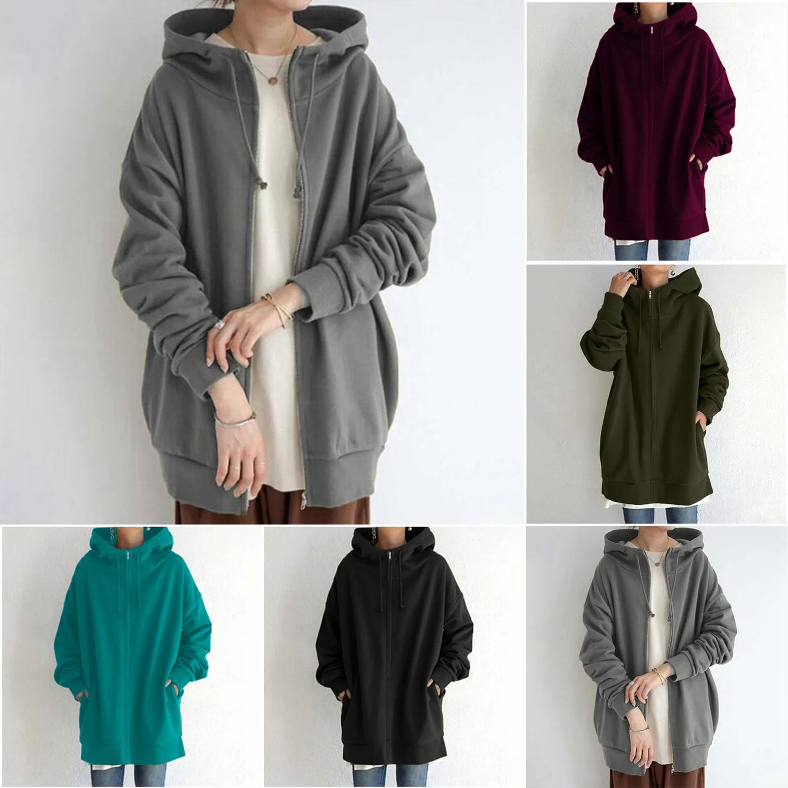 Fashion Harajuku Clothing Solid Color Zippered Hooded Over Size Y2k Retro Streetwear Keep Warm Lady Autumn Hoodie Sudadera Mujer