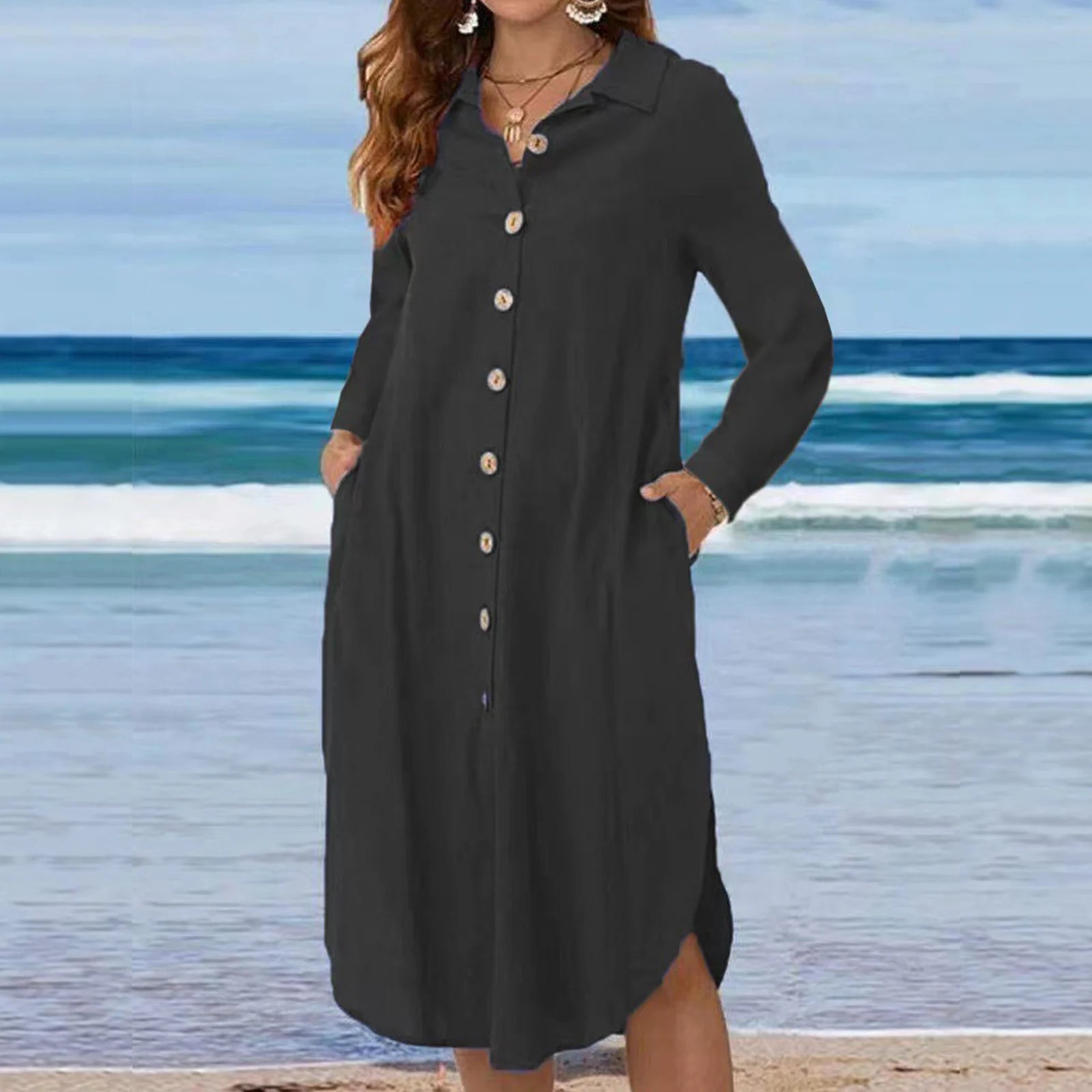Single Breasted Shirt Dress For Women Lapel Irregular Hem Casual Dresses Long Sleeve Fit And Flare Long Dresses Vestido Feminino
