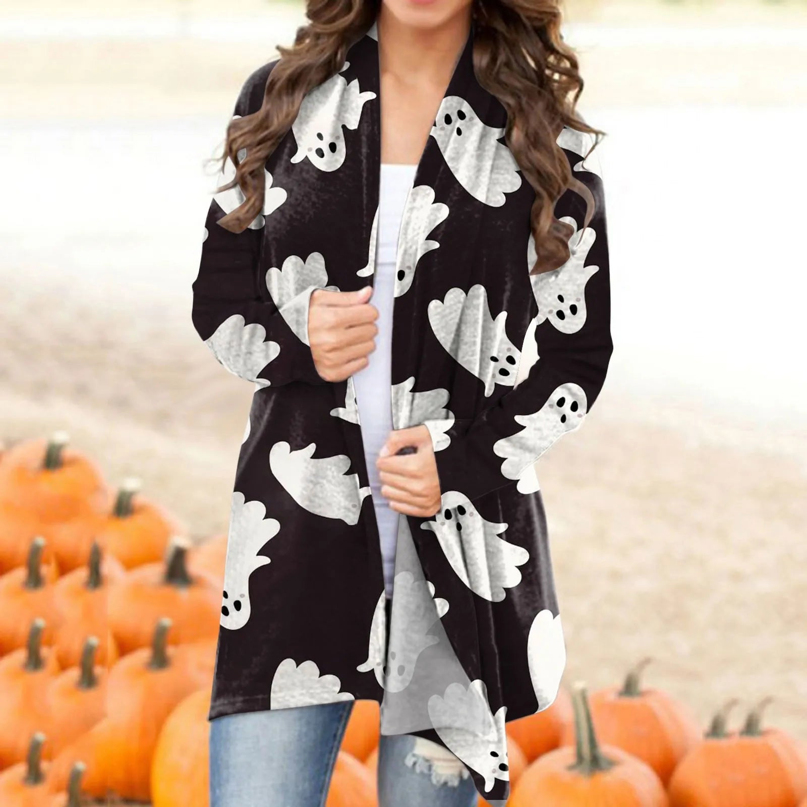Halloween Cute Cartoon Printed Cardigan V Neck Trendy Early Autumn Outerwear Loose Harajuku Long Sleeve Sweatshirt кофта женская