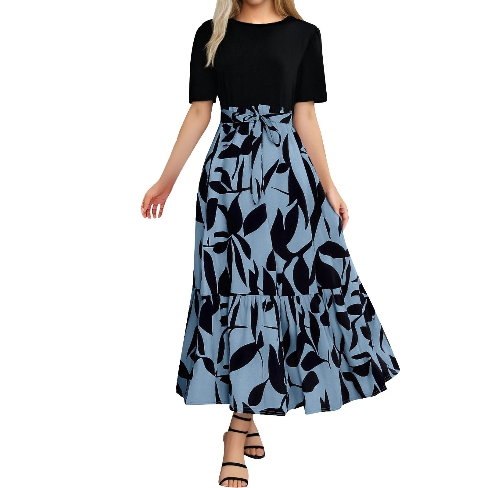 Trendy Keyhole Short Sleeve Dresses For Women Casual Summer Floral Print Boho Dress Printing Loose-Fit Beach Midi Dress Vestidos
