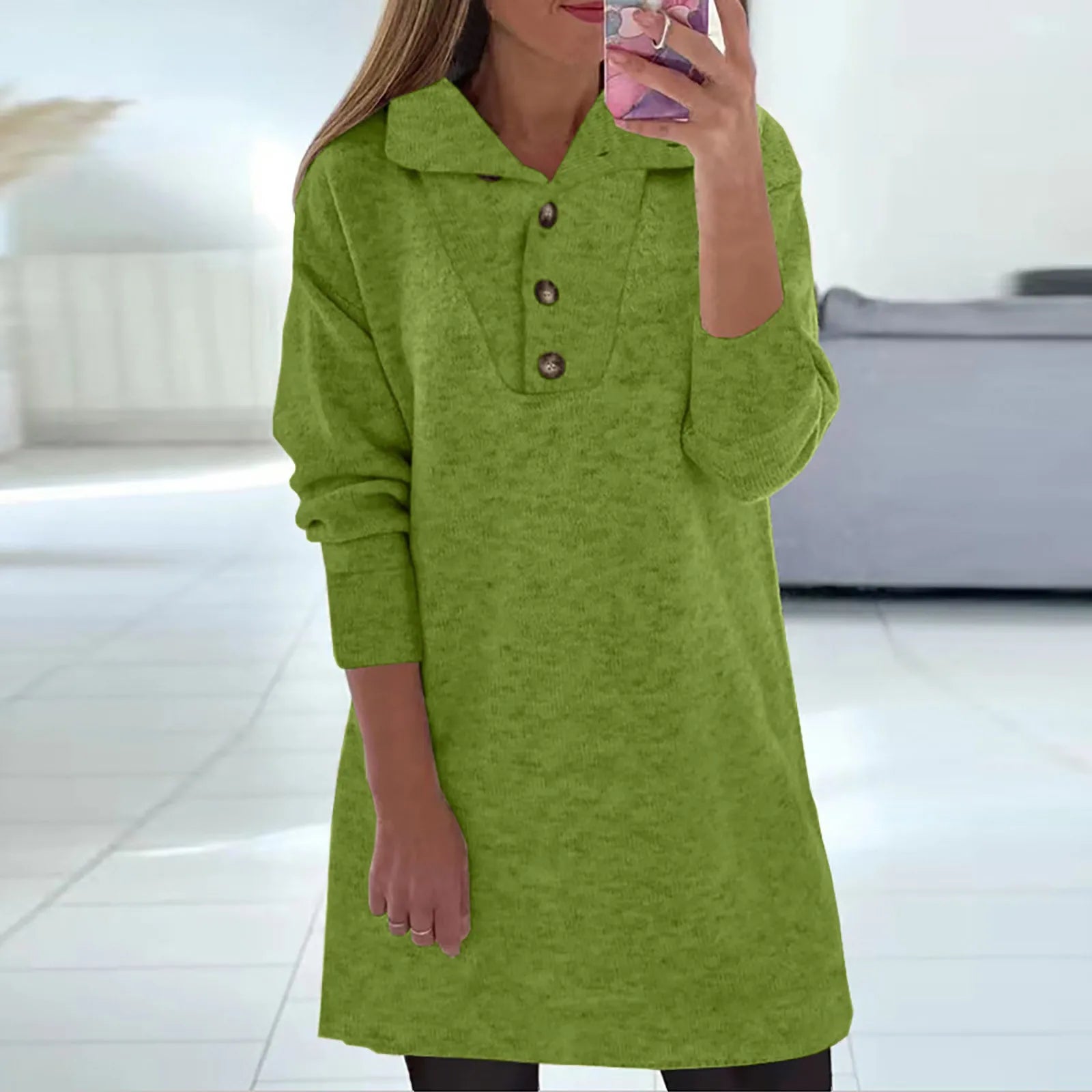 Casual Pure Color Midi Dresses Women Lapel Buttons Long Sleeved Dress Femme Elegant Temperament Commuting Dress Vestido Feminino
