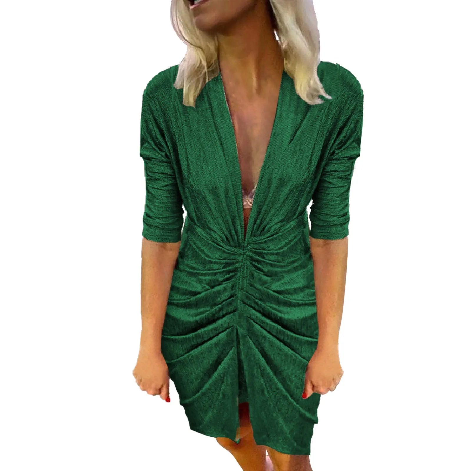 Chic Temperament Short Dress Sexy Solid Sequins Deep V Neck Half Sleeve Dresses Fashion Female Elastic Waist Pleated Dress 원피스