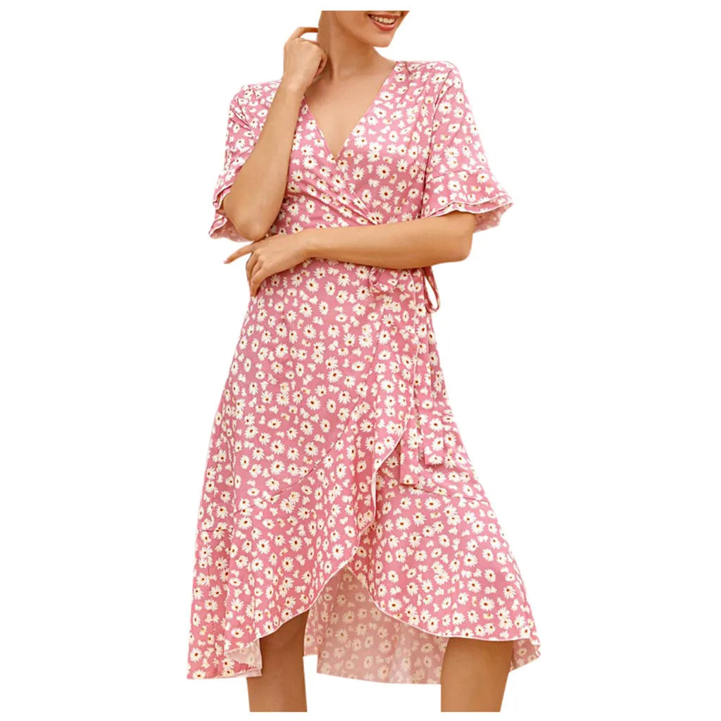 Comfy Summer Dresses For Women Women Sexy V Neck Short Sleeve Lace Up Floral Print Flowy Dresses For Elderly Women Winter