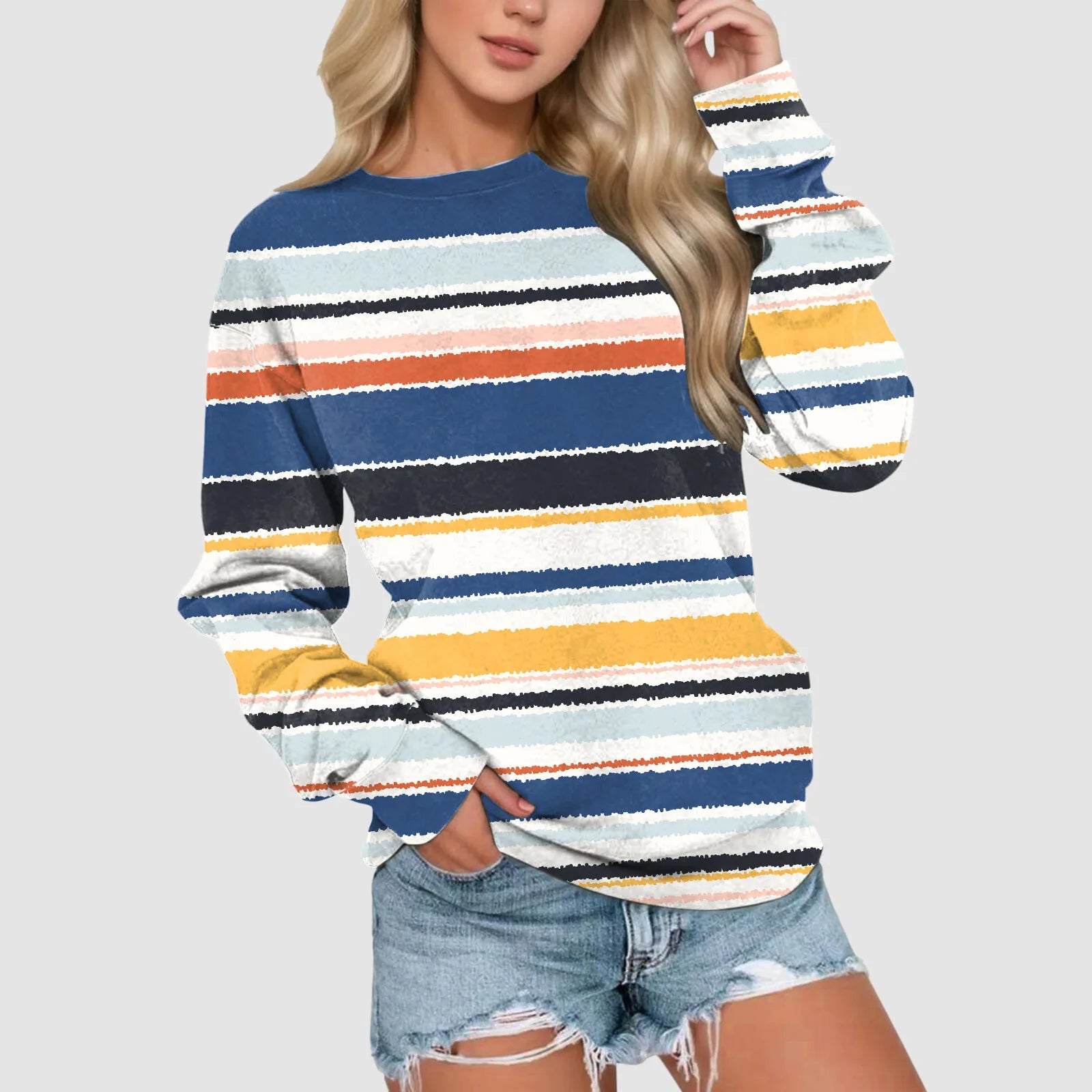 Women Striped Printed Long Sleeve Sweatshirt Round Neck Loose Pullover Spring And Autumn Korean Fashion Streetwear Ropa De Mujer