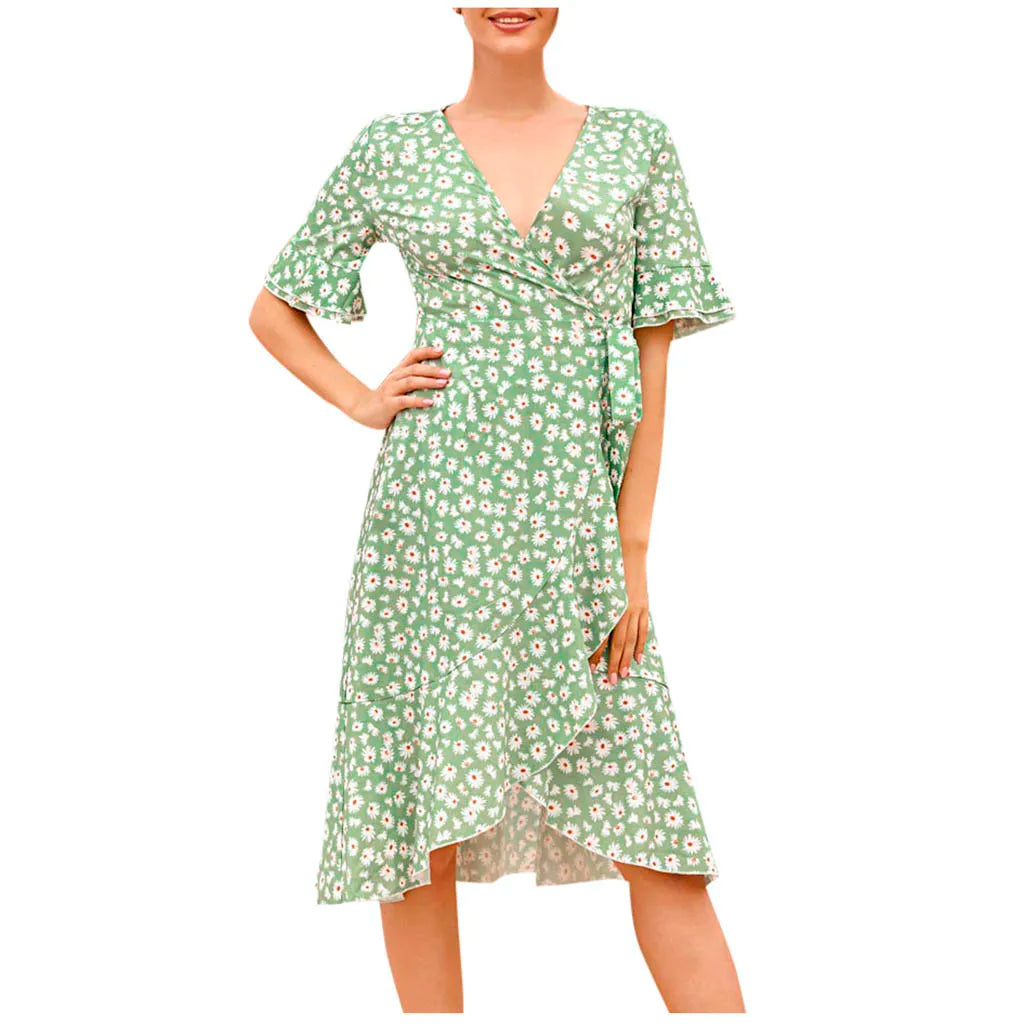 Comfy Summer Dresses For Women Women Sexy V Neck Short Sleeve Lace Up Floral Print Flowy Dresses For Elderly Women Winter