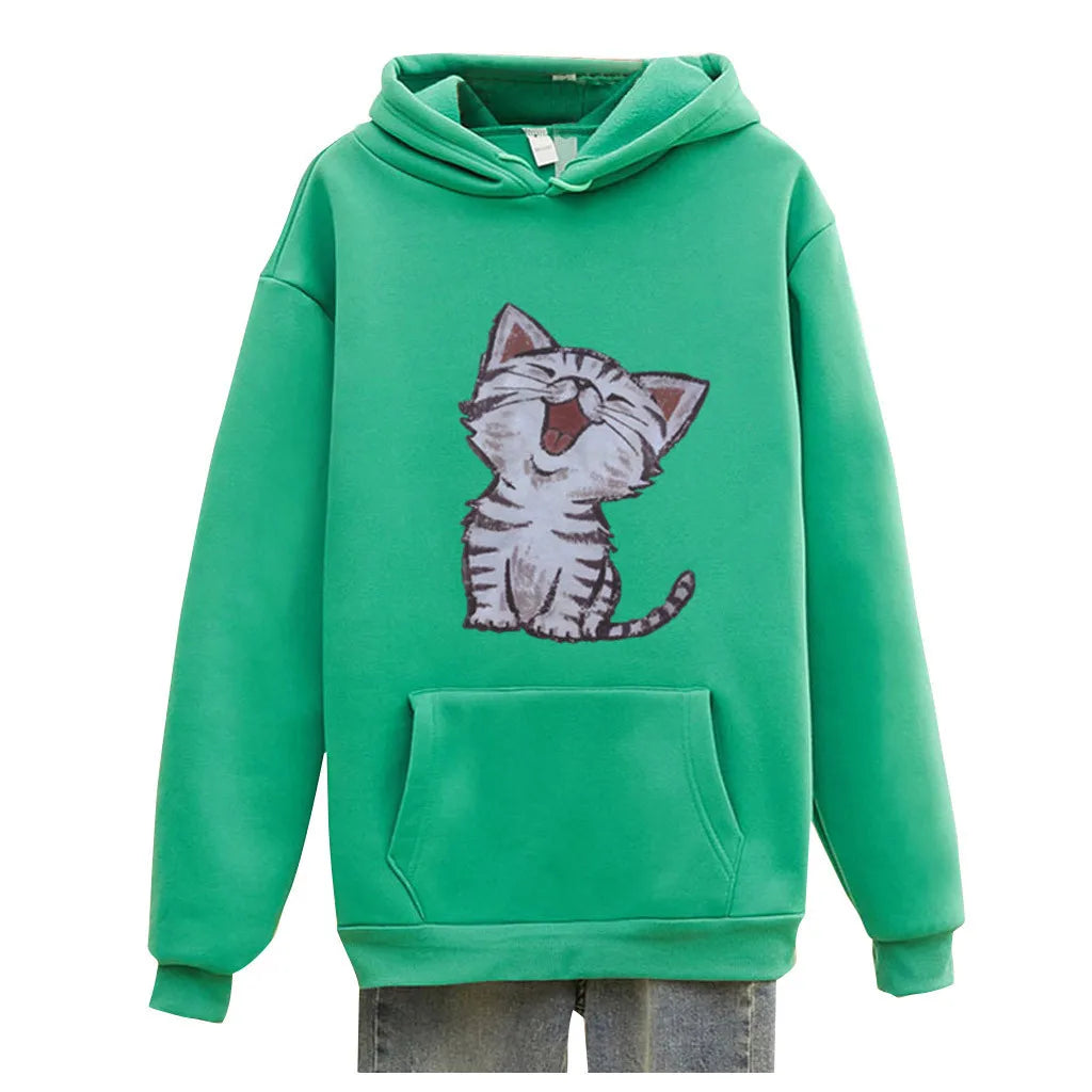 Cute Cat Print Casual Top Hoodies Street Harajuku Female Personality Women Clothing Autumn Long Sleeve Colour Sweatshirt свитшот
