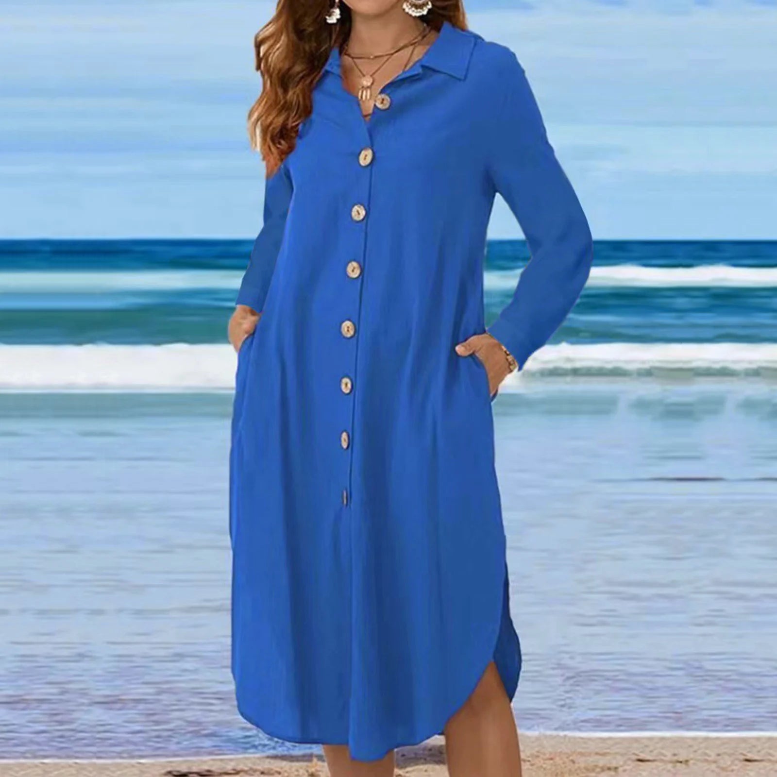 Single Breasted Shirt Dress For Women Lapel Irregular Hem Casual Dresses Long Sleeve Fit And Flare Long Dresses Vestido Feminino