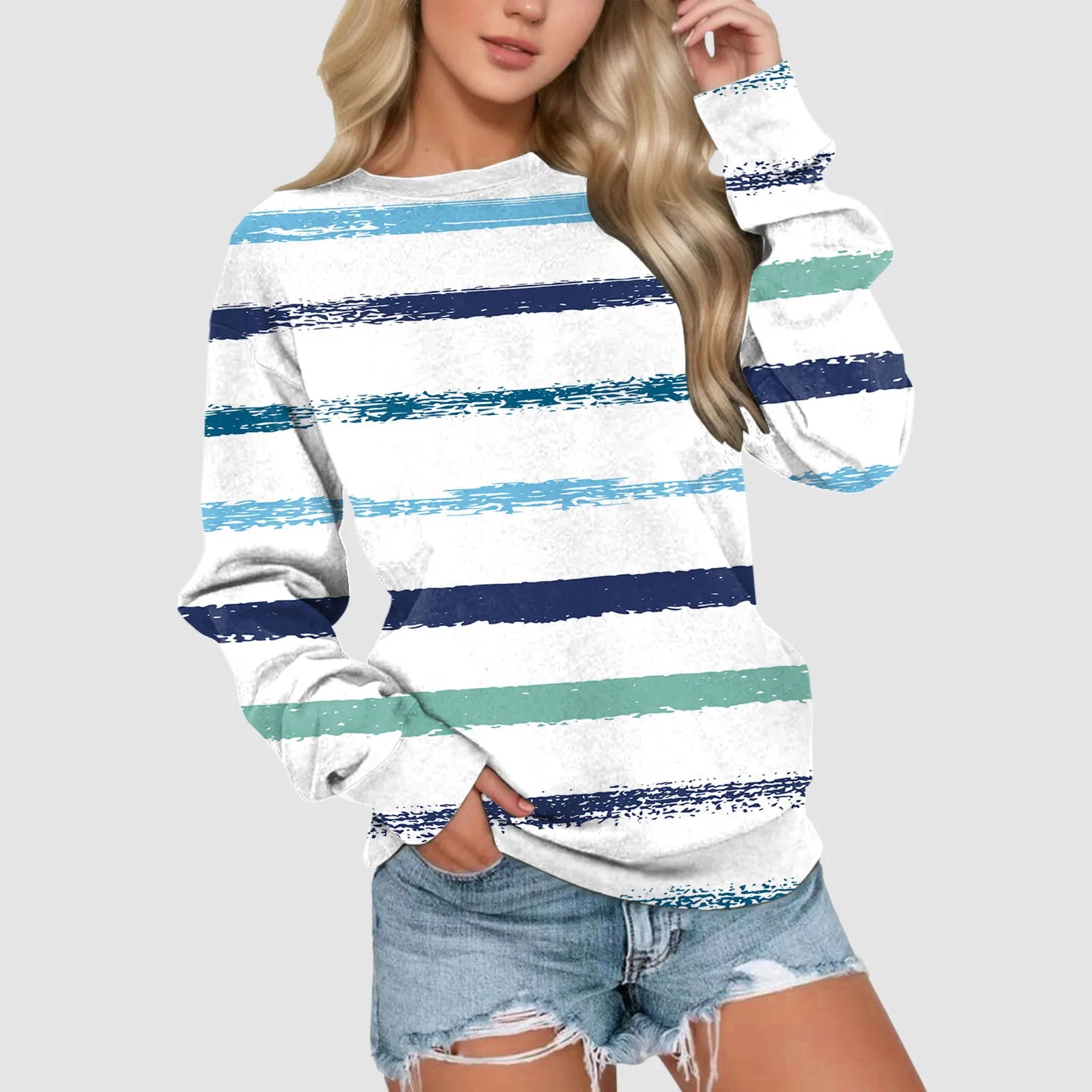 Women Striped Printed Long Sleeve Sweatshirt Round Neck Loose Pullover Spring And Autumn Korean Fashion Streetwear Ropa De Mujer
