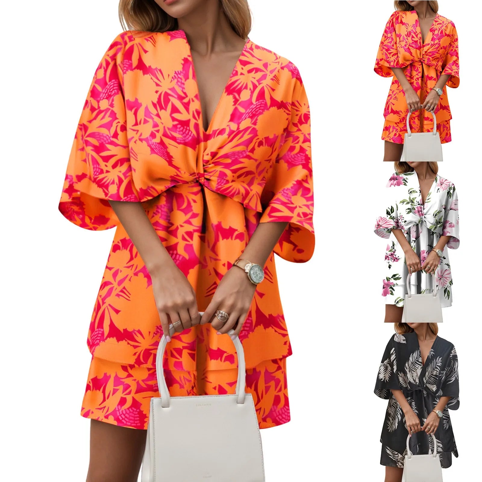 Short Sleeve Maxi Dress Womens Short A Line Flare Dress Knot Front Short Sleeve Tiered Ruffle Swing Dress For Women T Shirt