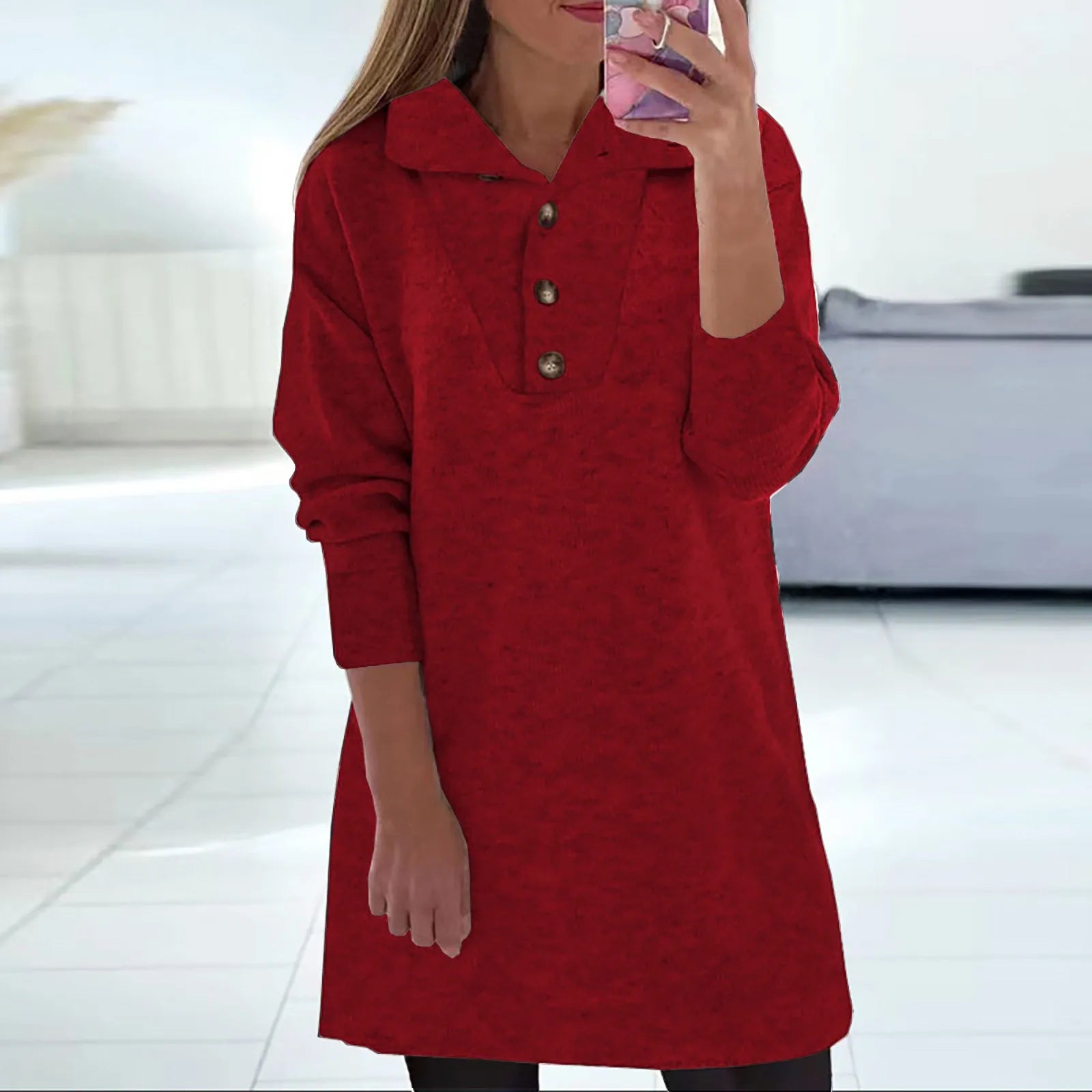 Casual Pure Color Midi Dresses Women Lapel Buttons Long Sleeved Dress Femme Elegant Temperament Commuting Dress Vestido Feminino