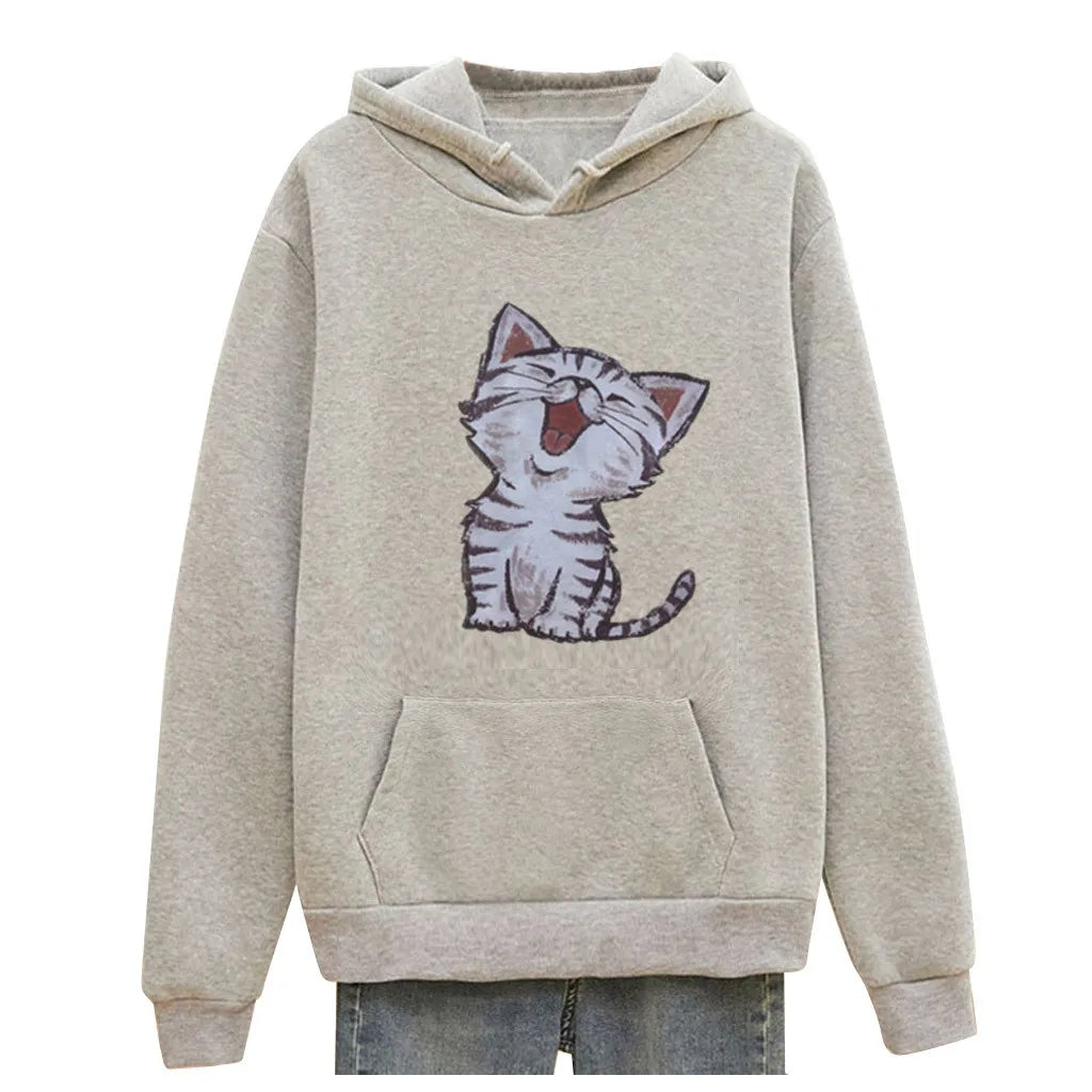 Cute Cat Print Casual Top Hoodies Street Harajuku Female Personality Women Clothing Autumn Long Sleeve Colour Sweatshirt свитшот