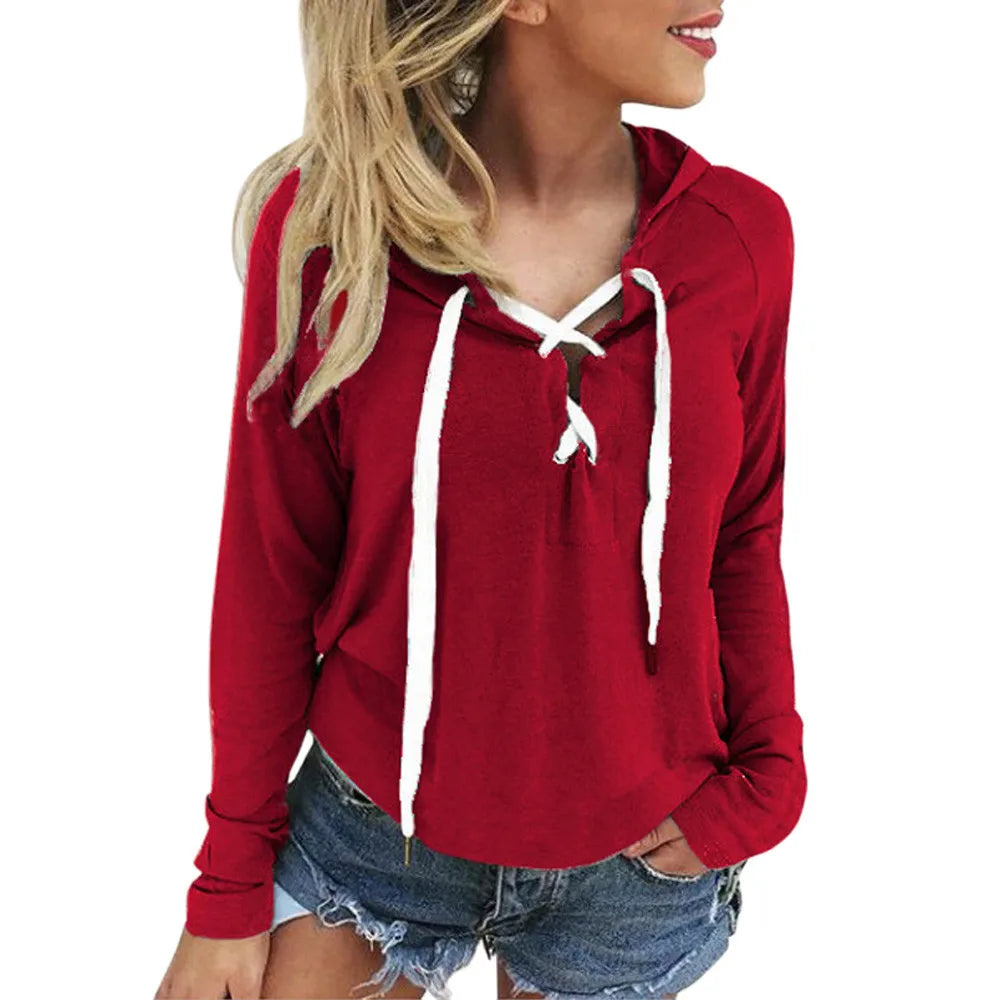 Lace Up Drawstring Collar Hoodies Long Sleeve Solid Color Gothic Black Pullover Harajuku Hip Hop Retro Y2k Streetwear Ropa Mujer