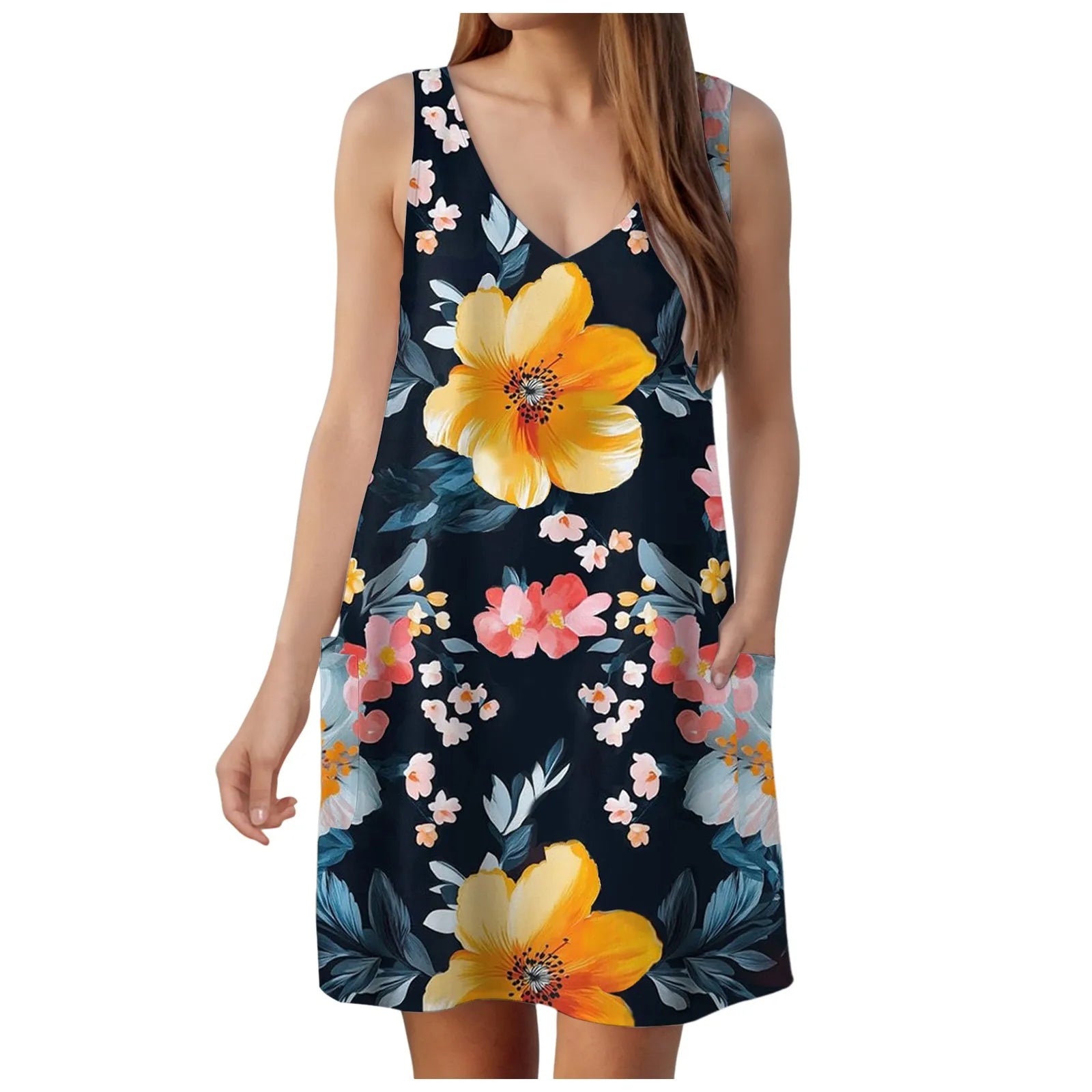 Women Daily Flower Printed Dresses For Women Beach Cover Up Casual Loose Sundress Sleeveless Slip Swing Dress Vestido Feminino