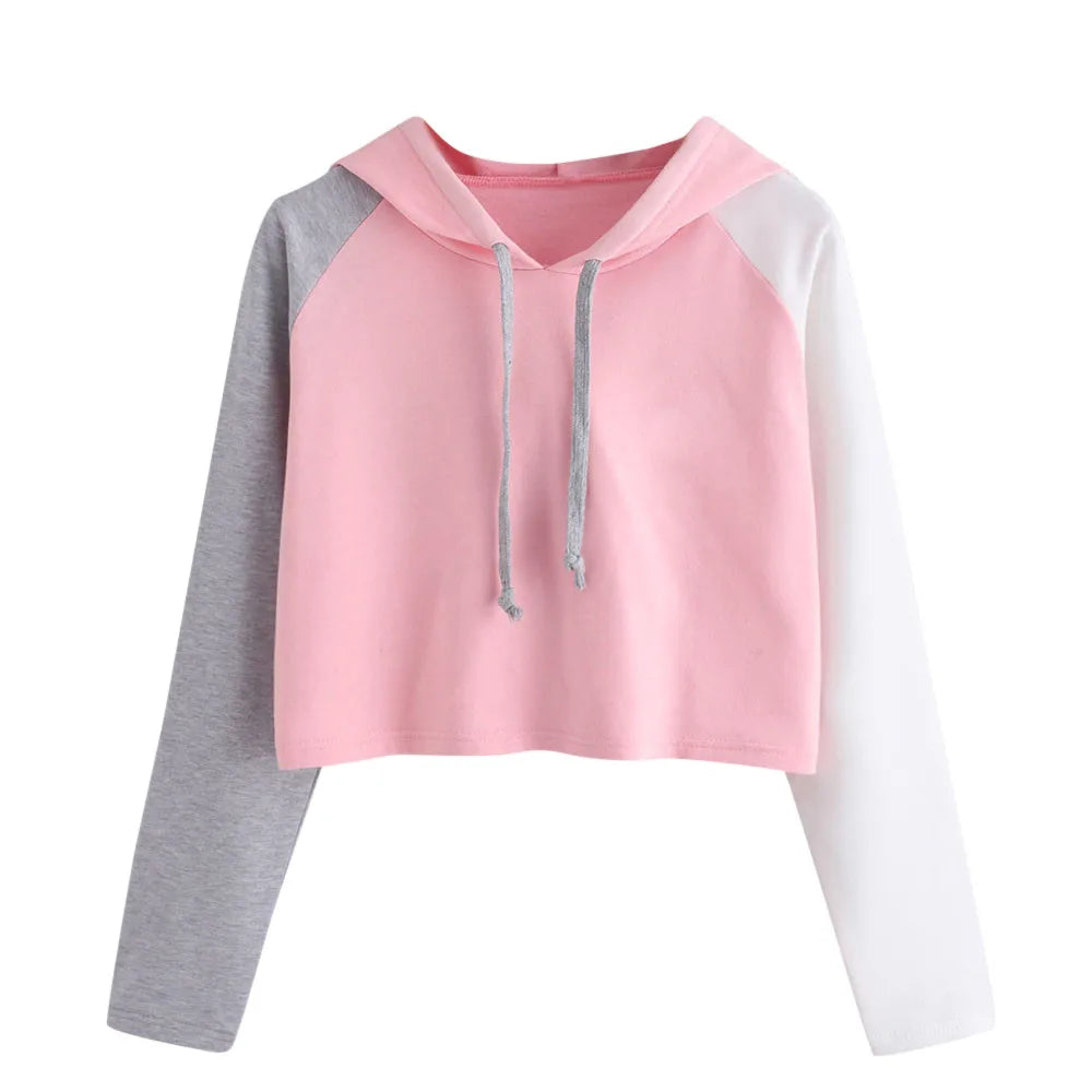 Splicing Color Long Sleeve Hoodies Hip Hop Oversized Hoody Sweatshirt Casual Loose Crewneck Fleece Cropped Hoodie Ropa De Mujer