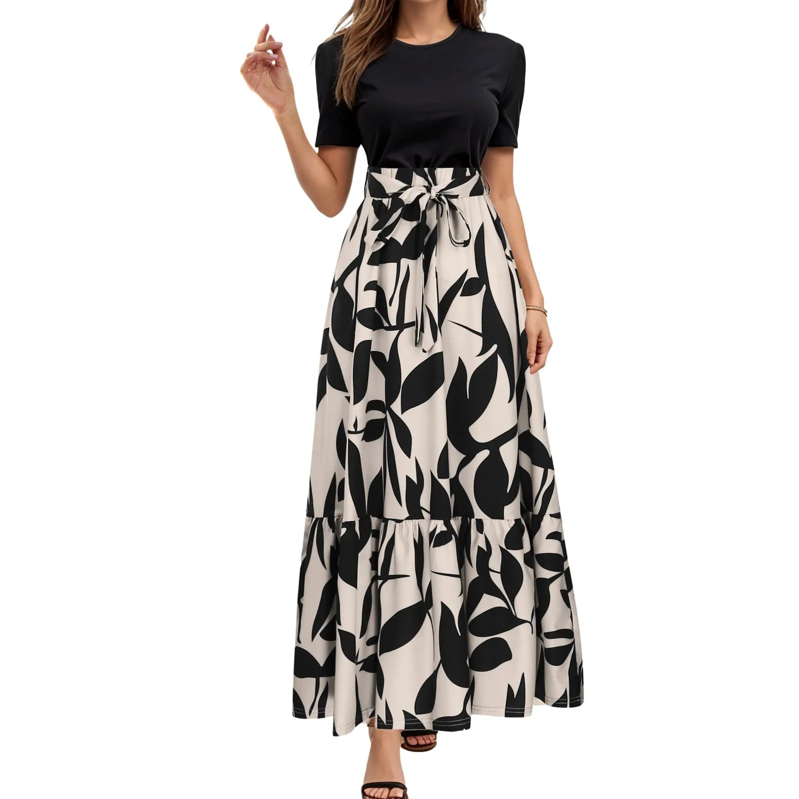 Trendy Keyhole Short Sleeve Dresses For Women Casual Summer Floral Print Boho Dress Printing Loose-Fit Beach Midi Dress Vestidos