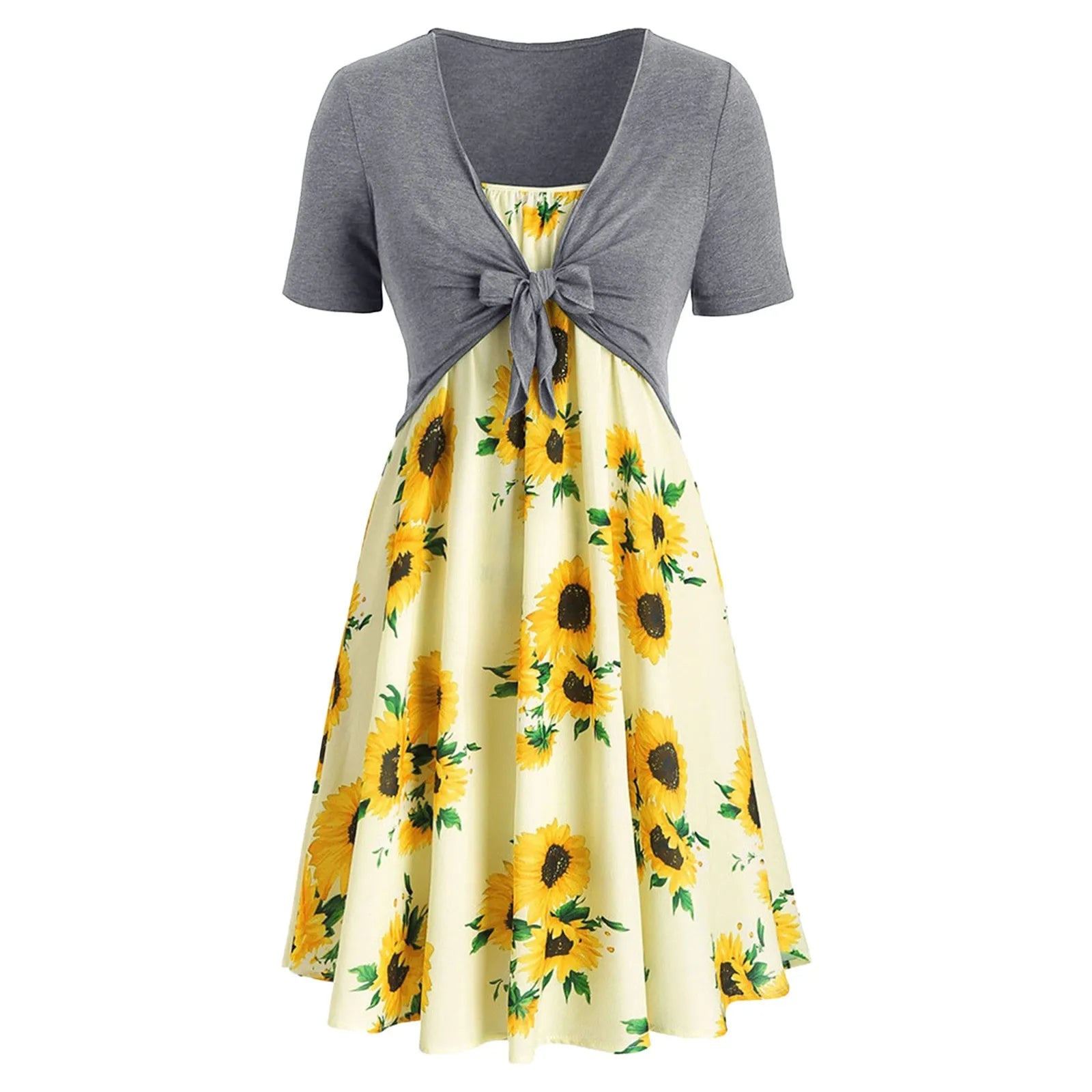 Maxi Dress Short Sleeve Beach Dresses For Women Two Piece Outfits Fashion Bowknot Bandage Top Sunflower Girls Casual Dress