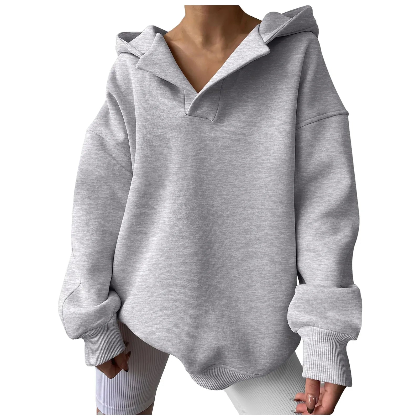 V Neck Oversized Hoodie With Pocket Classic Fleece Y2k Clothing High Street Sweatshirts Round Neck Vintage Outerwear Ropa Barata