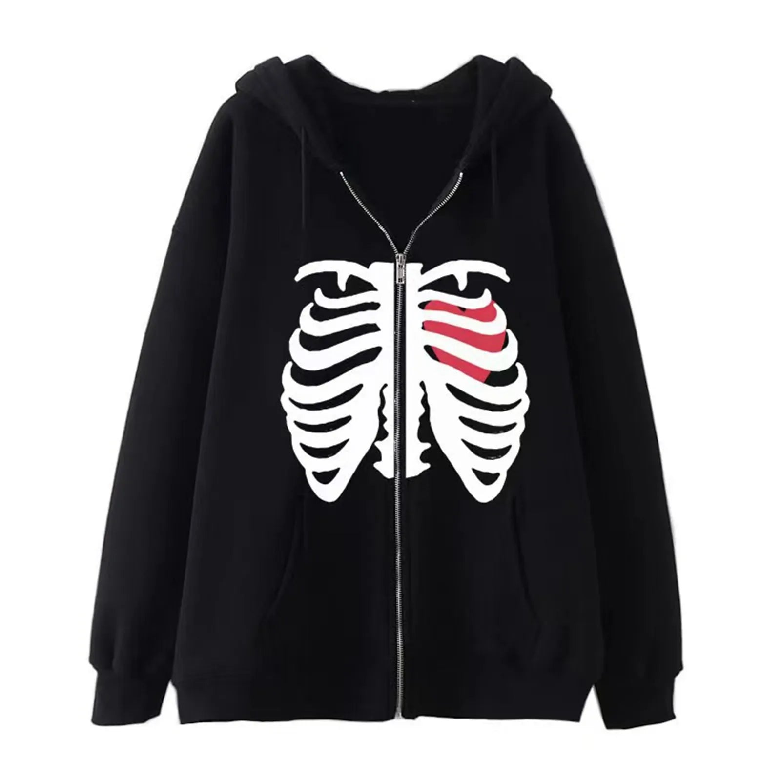 Dark Skeleton Sweatshirt Hoodie Women'S Oversize Zipper Personality Stylish Streetwear With Thick Long Sleeves Loose Tops кофта