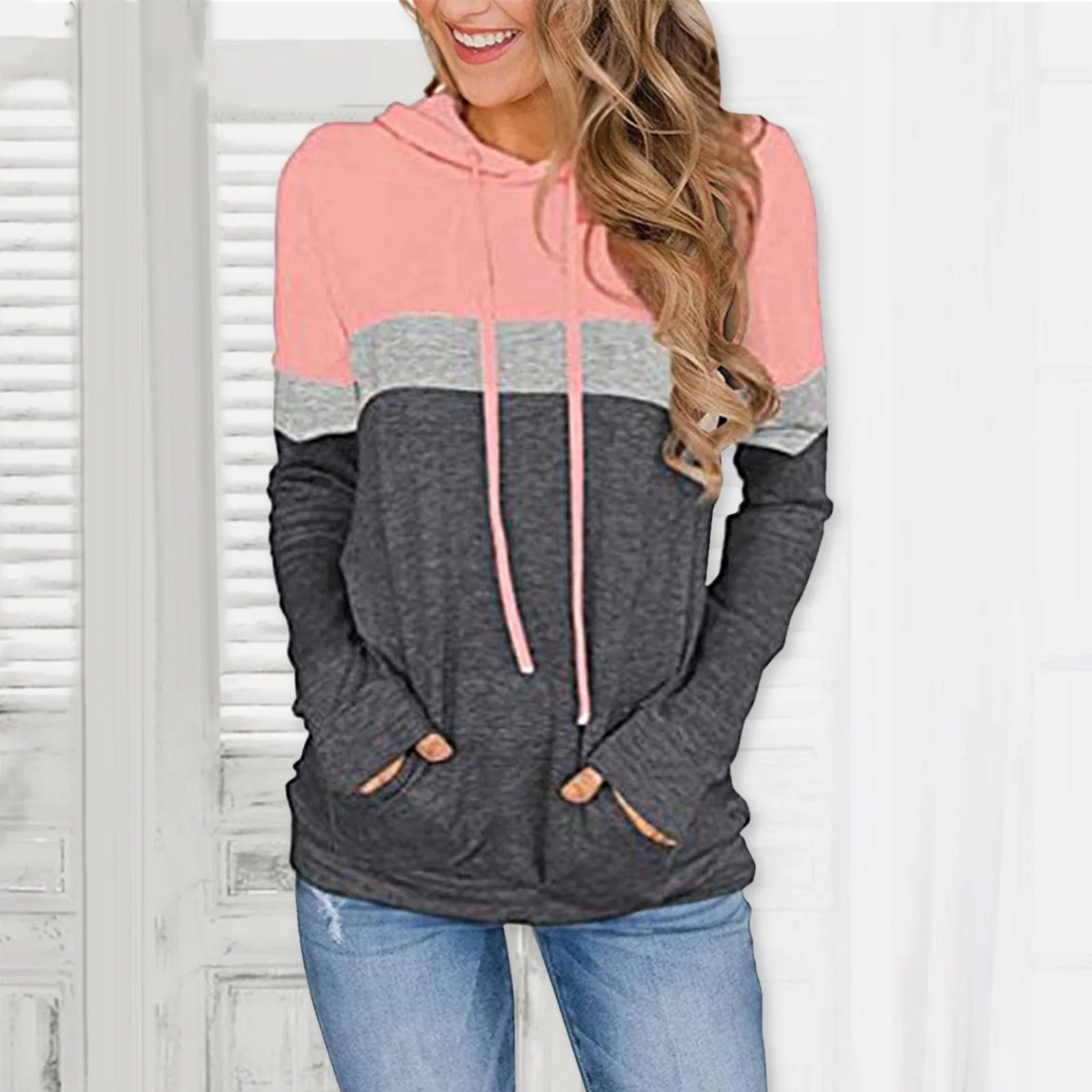 Ladies Casual Long Sleeve Hoodie Pullover Autumn Female Fleece Splicing Color Top Korean Trend Woman Sweatshirts женское платье